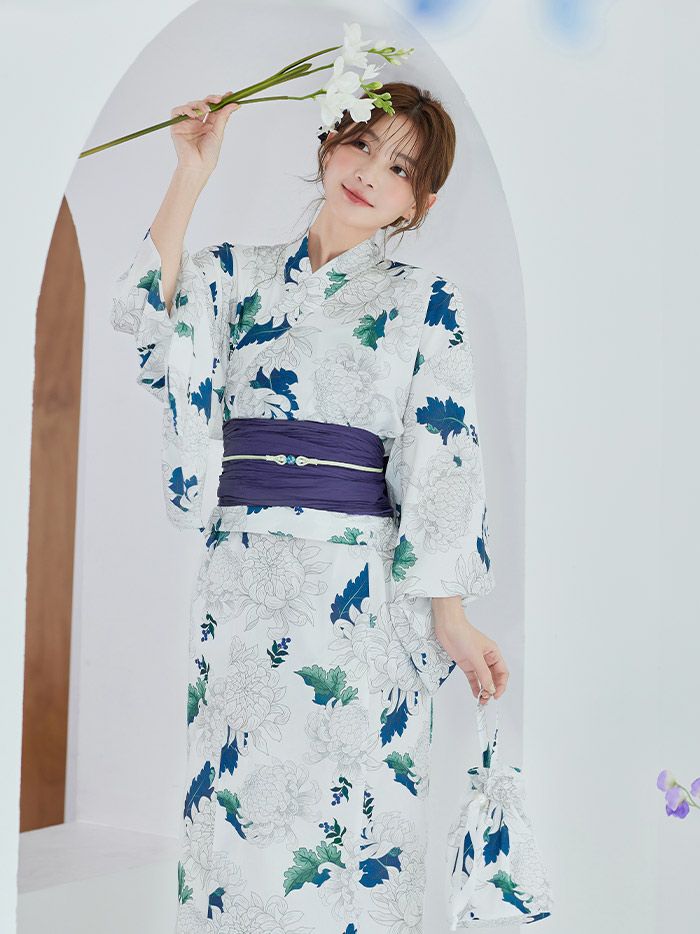 【4点セット】Malymoon マリームーン サマーブルーリーフ白菊2way浴衣 mlyk-25-10320