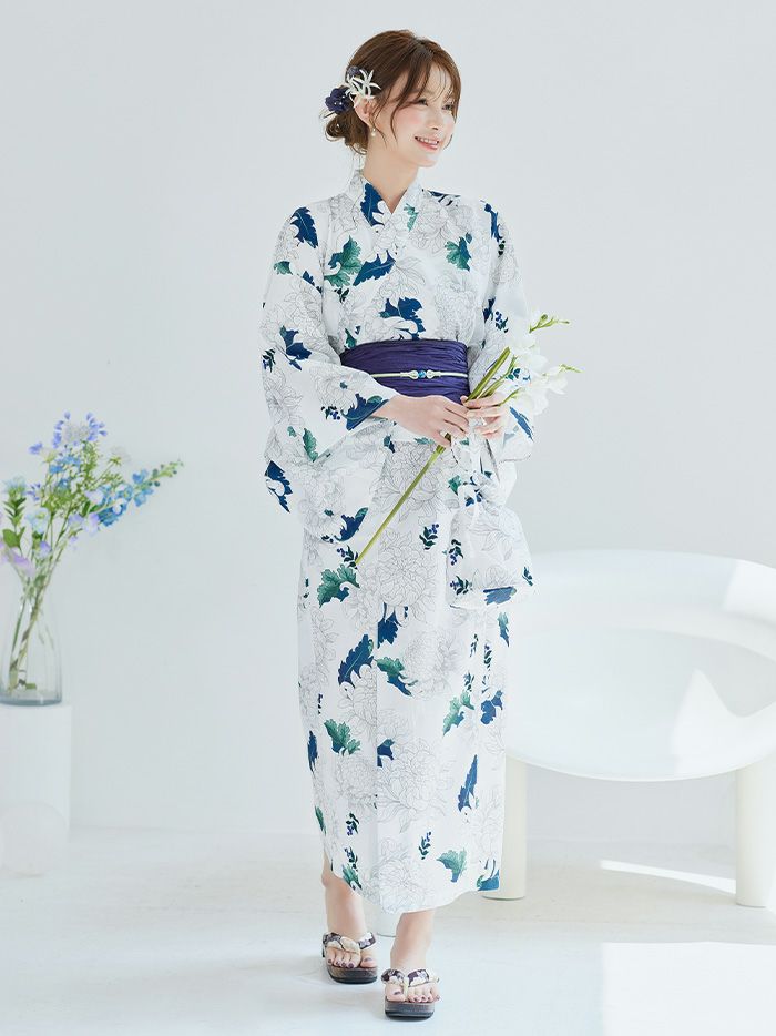 【4点セット】Malymoon マリームーン サマーブルーリーフ白菊2way浴衣 mlyk-25-10320