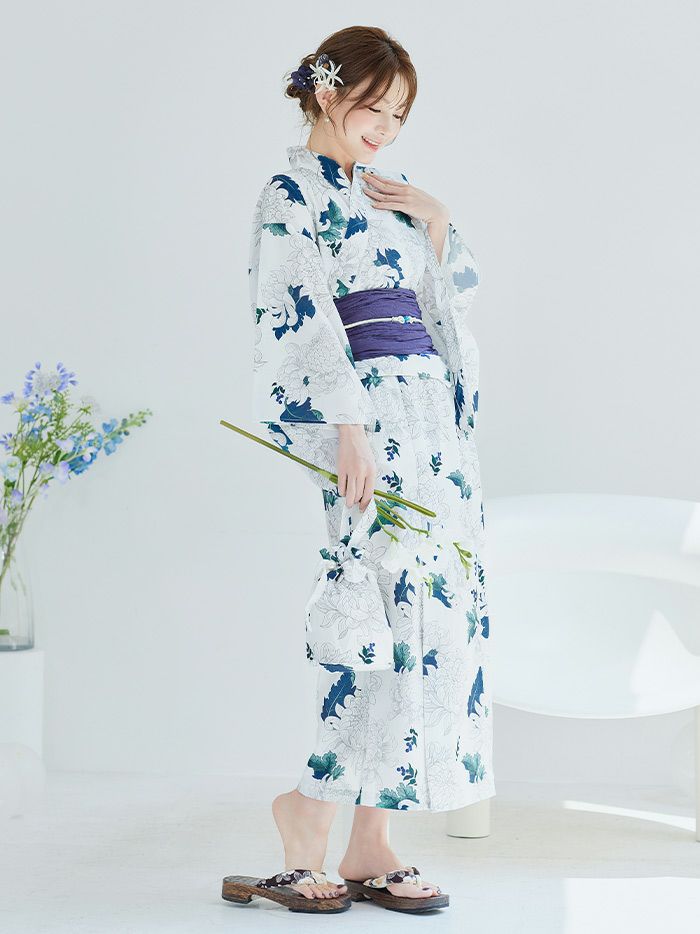 【4点セット】Malymoon マリームーン サマーブルーリーフ白菊2way浴衣 mlyk-25-10320