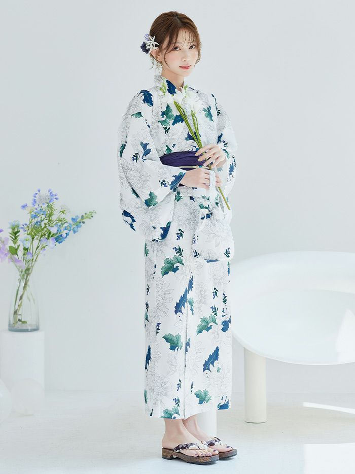 【4点セット】Malymoon マリームーン サマーブルーリーフ白菊2way浴衣 mlyk-25-10320