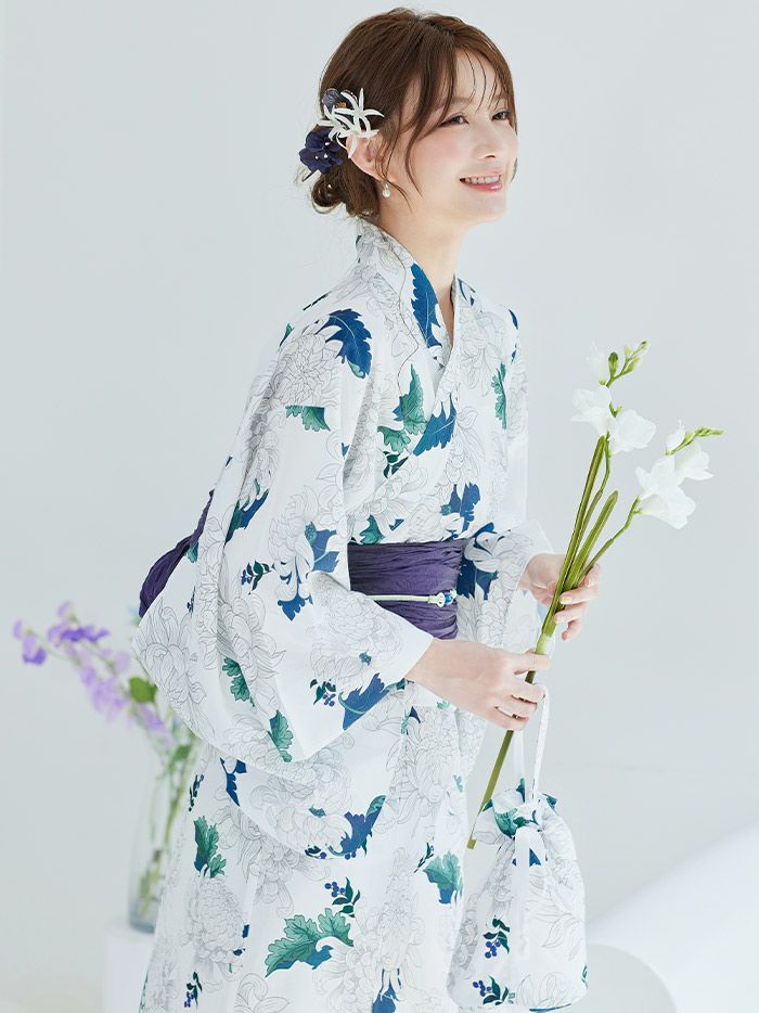 【4点セット】Malymoon マリームーン サマーブルーリーフ白菊2way浴衣 mlyk-25-10320
