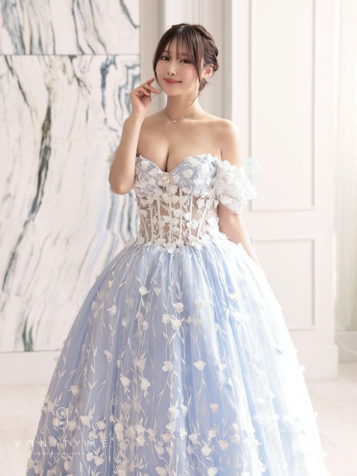 vanityME.couture. バニティミークチュール 立体フラワーモチーフ刺繍 ビッグクリスタルジュエリービジュー オフショル グラデーション プリンセス 姫 ロングドレス バースデードレス アイボリー×ブルー vctr-l-gl3571