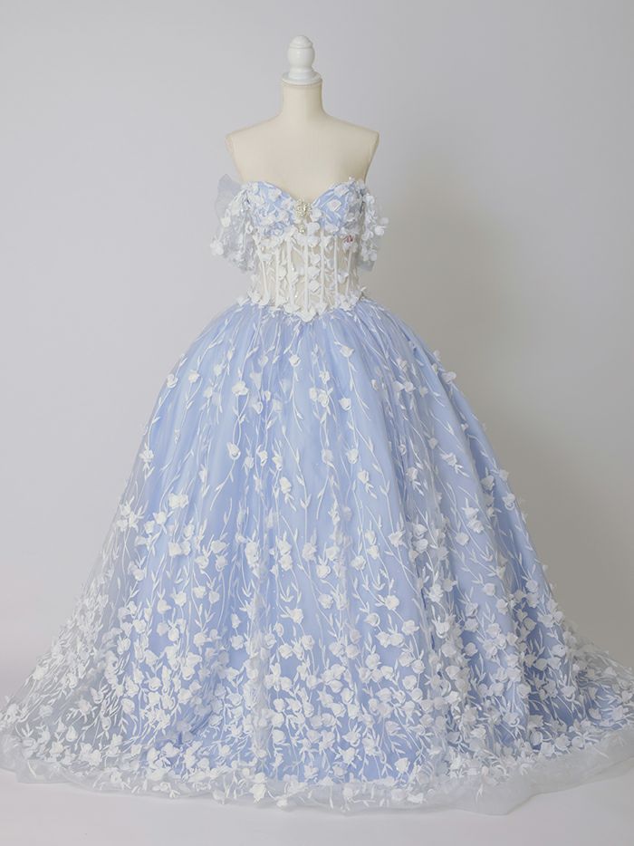 vanityME.couture. バニティミークチュール 立体フラワーモチーフ刺繍 ビッグクリスタルジュエリービジュー オフショル グラデーション プリンセス 姫 ロングドレス バースデードレス アイボリー×ブルー vctr-l-gl3571