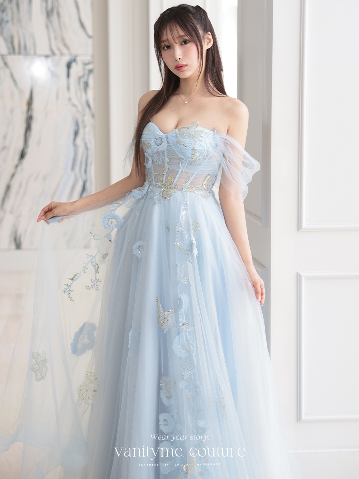 【2点セット】vanityME.couture. バニティミークチュール フラワー×バタフライ スパンコール刺繡 チュールスリーブ付き オフショル プリンセス 姫 ロングドレス バースデードレス ダスティブルー vctr-l-a1246