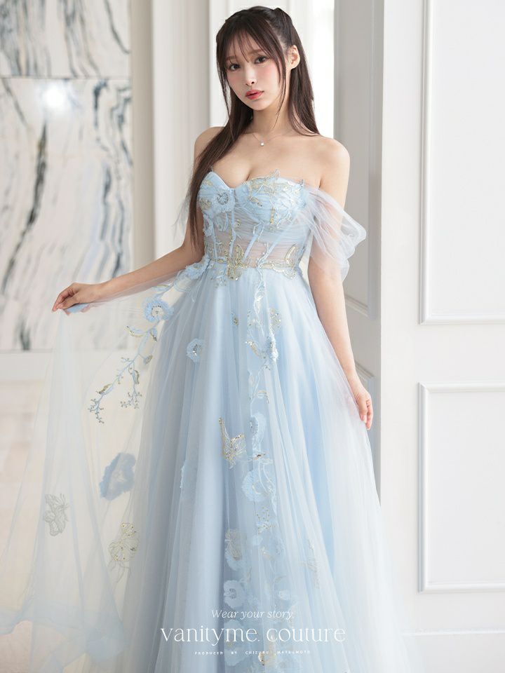 【2点セット】vanityME.couture. バニティミークチュール フラワー×バタフライ スパンコール刺繡 チュールスリーブ付き オフショル プリンセス 姫 ロングドレス バースデードレス ダスティブルー vctr-l-a1246