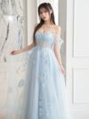 【2点セット】vanityME.couture. バニティミークチュール フラワー×バタフライ スパンコール刺&#32353; チュールスリーブ付き オフショル プリンセス 姫 ロングドレス バースデードレス ダスティブルー vctr-l-a1246