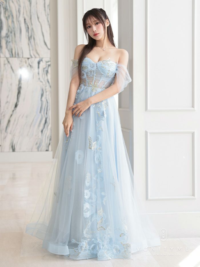 【2点セット】vanityME.couture. バニティミークチュール フラワー×バタフライ スパンコール刺&#32353; チュールスリーブ付き オフショル プリンセス 姫 ロングドレス バースデードレス ダスティブルー vctr-l-a1246