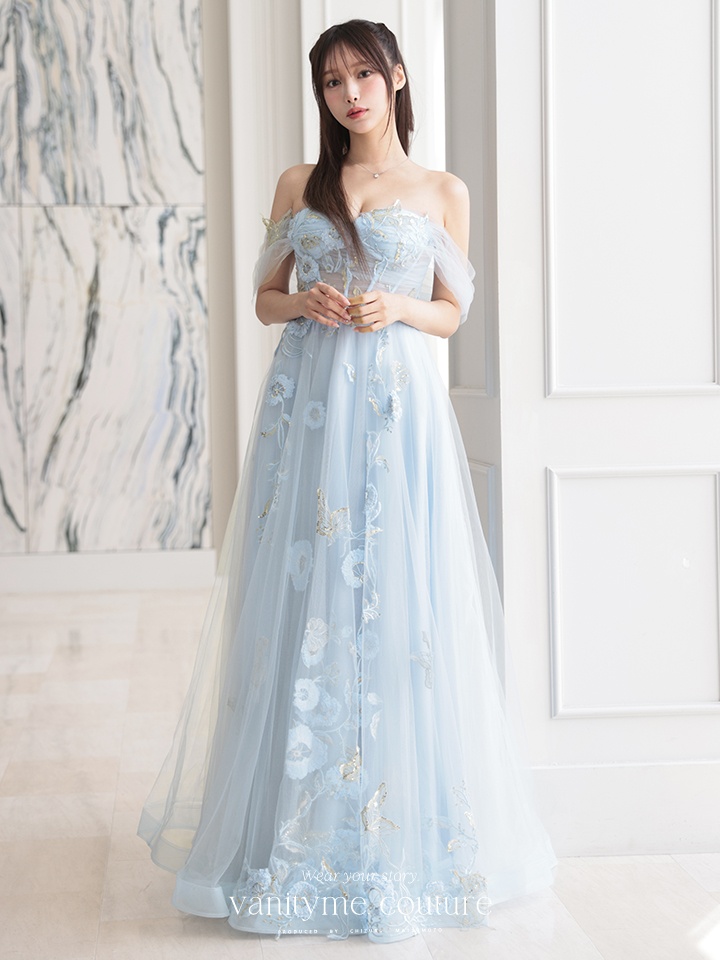 【2点セット】vanityME.couture. バニティミークチュール フラワー×バタフライ スパンコール刺繡 チュールスリーブ付き オフショル プリンセス 姫 ロングドレス バースデードレス ダスティブルー vctr-l-a1246