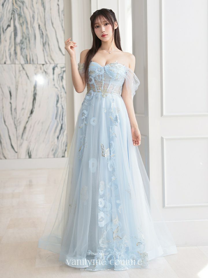 【2点セット】vanityME.couture. バニティミークチュール フラワー×バタフライ スパンコール刺繡 チュールスリーブ付き オフショル プリンセス 姫 ロングドレス バースデードレス ダスティブルー vctr-l-a1246