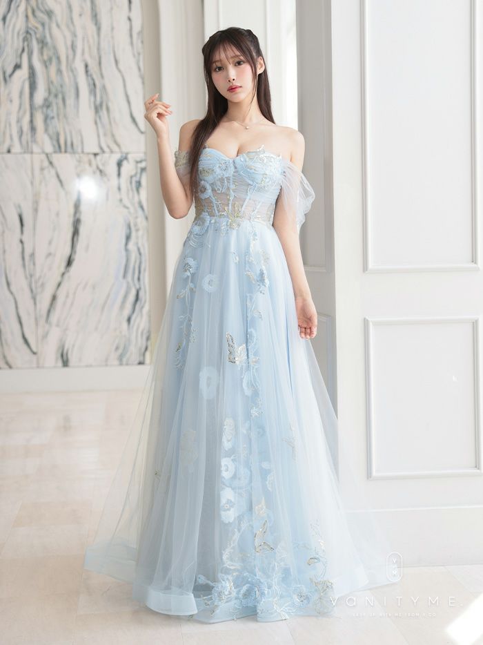 【2点セット】vanityME.couture. バニティミークチュール フラワー×バタフライ スパンコール刺&#32353; チュールスリーブ付き オフショル プリンセス 姫 ロングドレス バースデードレス ダスティブルー vctr-l-a1246