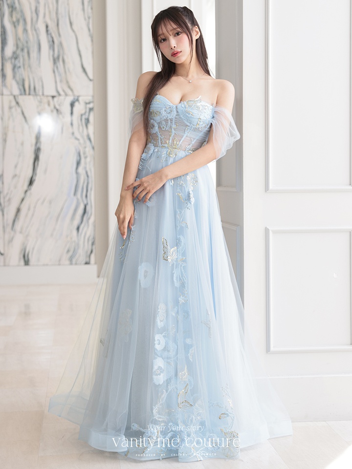 【2点セット】vanityME.couture. バニティミークチュール フラワー×バタフライ スパンコール刺繡 チュールスリーブ付き オフショル プリンセス 姫 ロングドレス バースデードレス ダスティブルー vctr-l-a1246