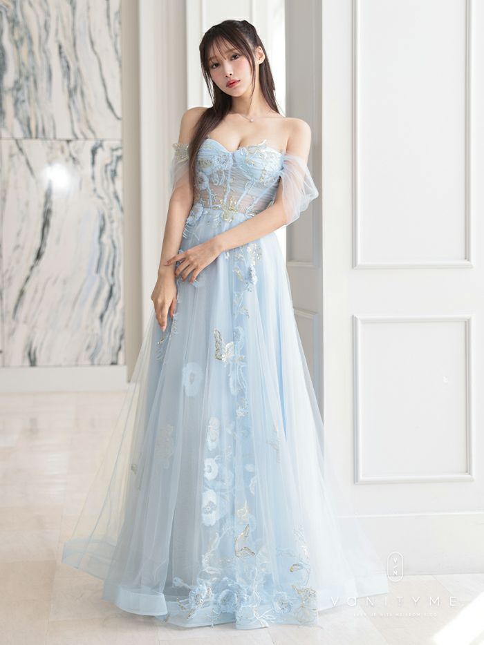 【2点セット】vanityME.couture. バニティミークチュール フラワー×バタフライ スパンコール刺&#32353; チュールスリーブ付き オフショル プリンセス 姫 ロングドレス バースデードレス ダスティブルー vctr-l-a1246