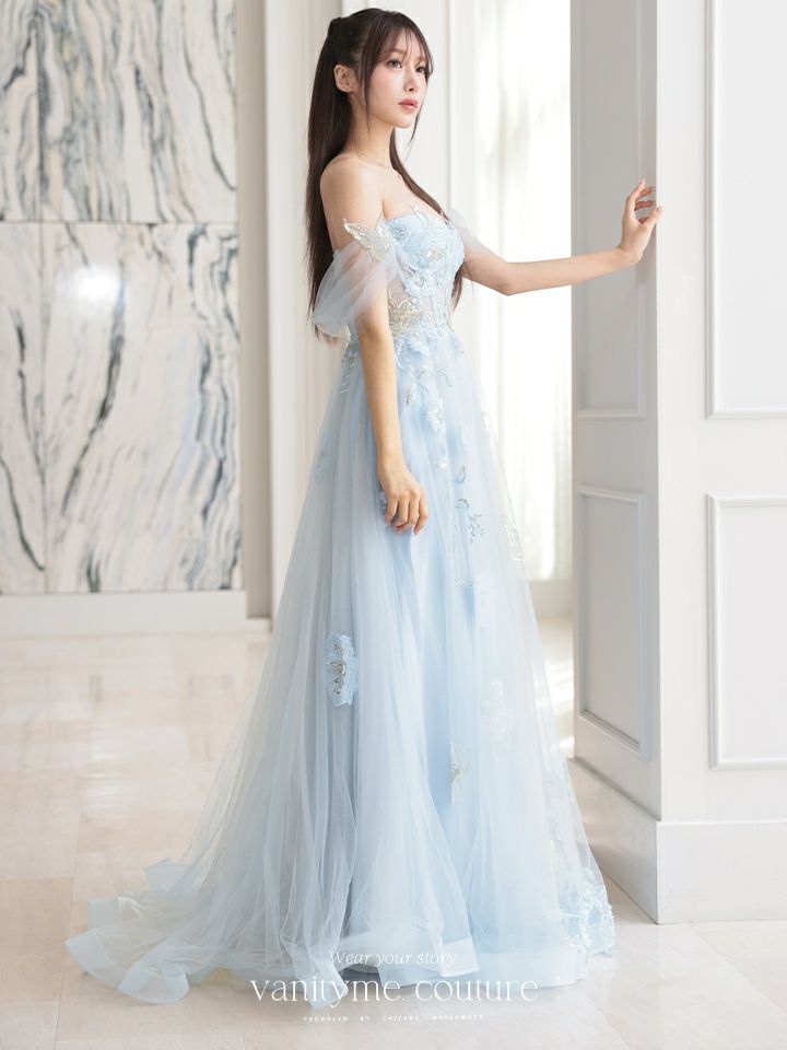 【2点セット】vanityME.couture. バニティミークチュール フラワー×バタフライ スパンコール刺繡 チュールスリーブ付き オフショル プリンセス 姫 ロングドレス バースデードレス ダスティブルー vctr-l-a1246