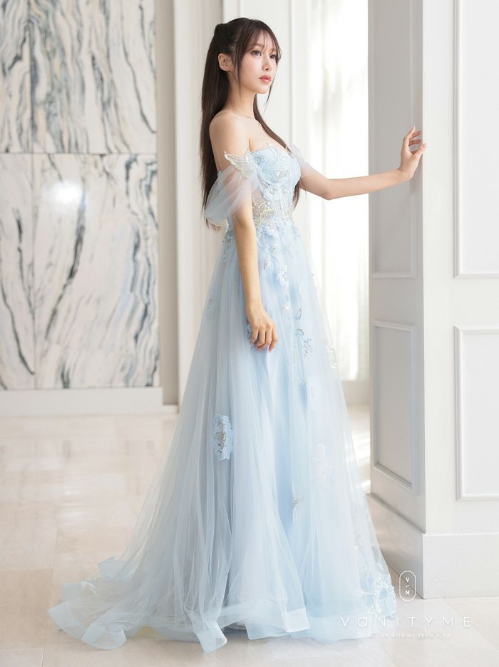 【2点セット】vanityME.couture. バニティミークチュール フラワー×バタフライ スパンコール刺&#32353; チュールスリーブ付き オフショル プリンセス 姫 ロングドレス バースデードレス ダスティブルー vctr-l-a1246