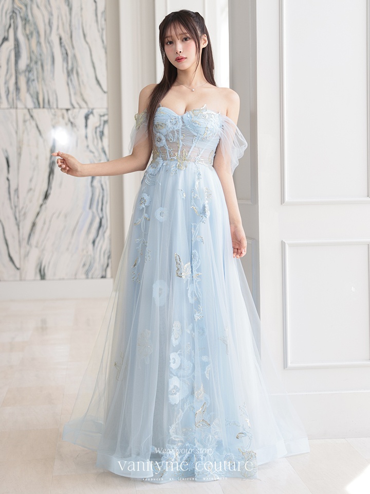 【2点セット】vanityME.couture. バニティミークチュール フラワー×バタフライ スパンコール刺繡 チュールスリーブ付き オフショル プリンセス 姫 ロングドレス バースデードレス ダスティブルー vctr-l-a1246