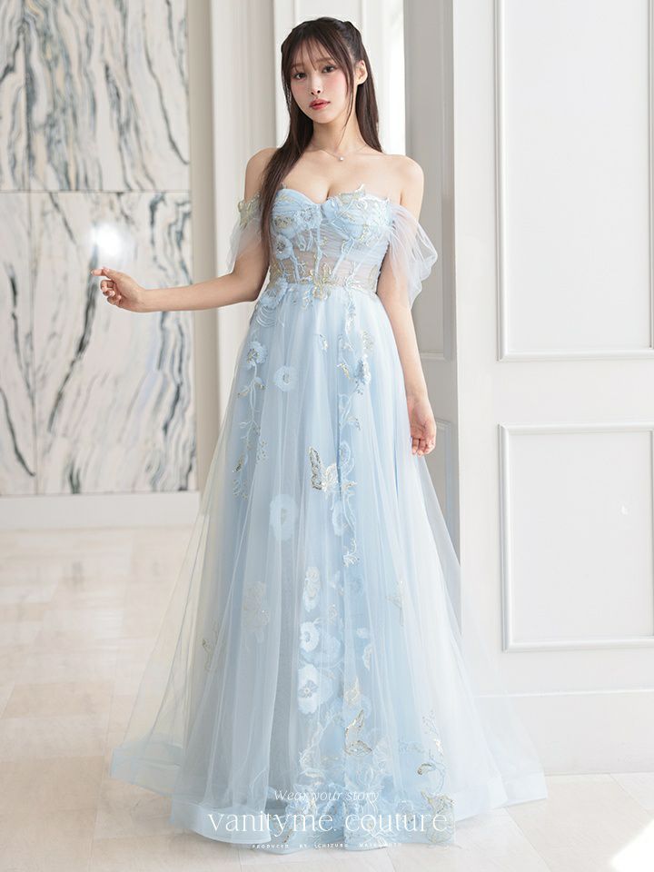 【2点セット】vanityME.couture. バニティミークチュール フラワー×バタフライ スパンコール刺繡 チュールスリーブ付き オフショル プリンセス 姫 ロングドレス バースデードレス ダスティブルー vctr-l-a1246
