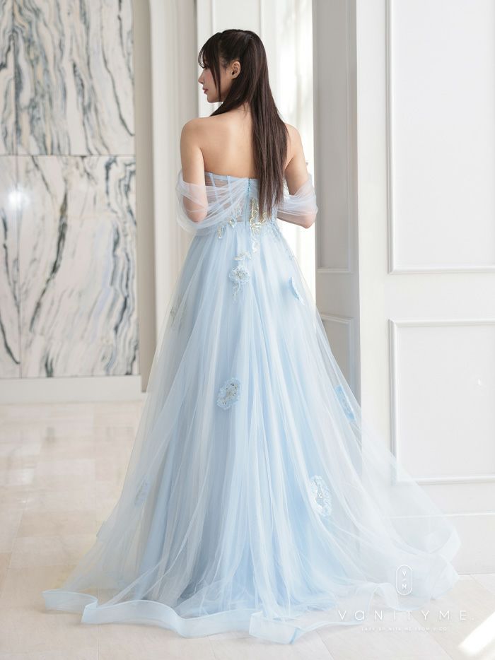 【2点セット】vanityME.couture. バニティミークチュール フラワー×バタフライ スパンコール刺&#32353; チュールスリーブ付き オフショル プリンセス 姫 ロングドレス バースデードレス ダスティブルー vctr-l-a1246