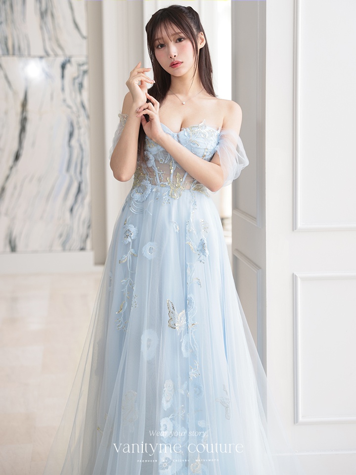 【2点セット】vanityME.couture. バニティミークチュール フラワー×バタフライ スパンコール刺繡 チュールスリーブ付き オフショル プリンセス 姫 ロングドレス バースデードレス ダスティブルー vctr-l-a1246