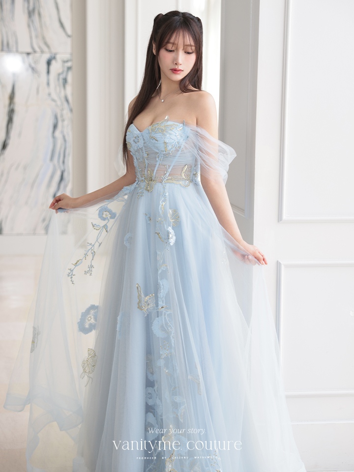 【2点セット】vanityME.couture. バニティミークチュール フラワー×バタフライ スパンコール刺繡 チュールスリーブ付き オフショル プリンセス 姫 ロングドレス バースデードレス ダスティブルー vctr-l-a1246