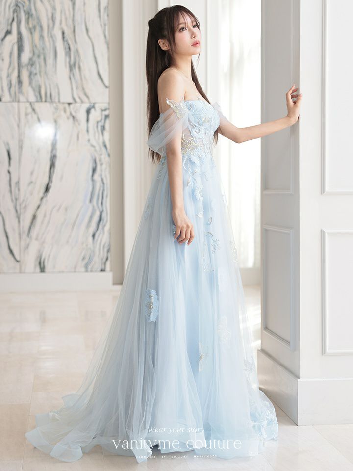 【2点セット】vanityME.couture. バニティミークチュール フラワー×バタフライ スパンコール刺繡 チュールスリーブ付き オフショル プリンセス 姫 ロングドレス バースデードレス ダスティブルー vctr-l-a1246