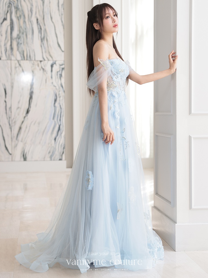 【2点セット】vanityME.couture. バニティミークチュール フラワー×バタフライ スパンコール刺繡 チュールスリーブ付き オフショル プリンセス 姫 ロングドレス バースデードレス ダスティブルー vctr-l-a1246