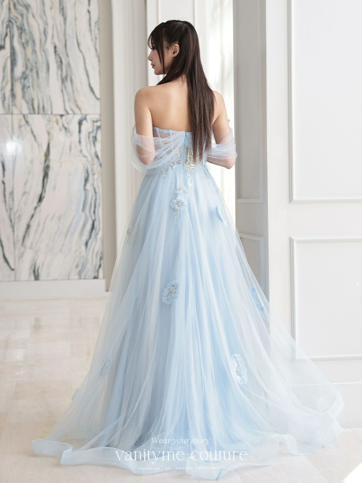 【2点セット】vanityME.couture. バニティミークチュール フラワー×バタフライ スパンコール刺繡 チュールスリーブ付き オフショル プリンセス 姫 ロングドレス バースデードレス ダスティブルー vctr-l-a1246