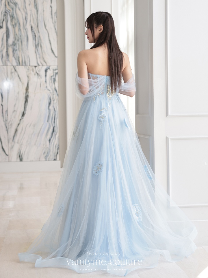 【2点セット】vanityME.couture. バニティミークチュール フラワー×バタフライ スパンコール刺繡 チュールスリーブ付き オフショル プリンセス 姫 ロングドレス バースデードレス ダスティブルー vctr-l-a1246