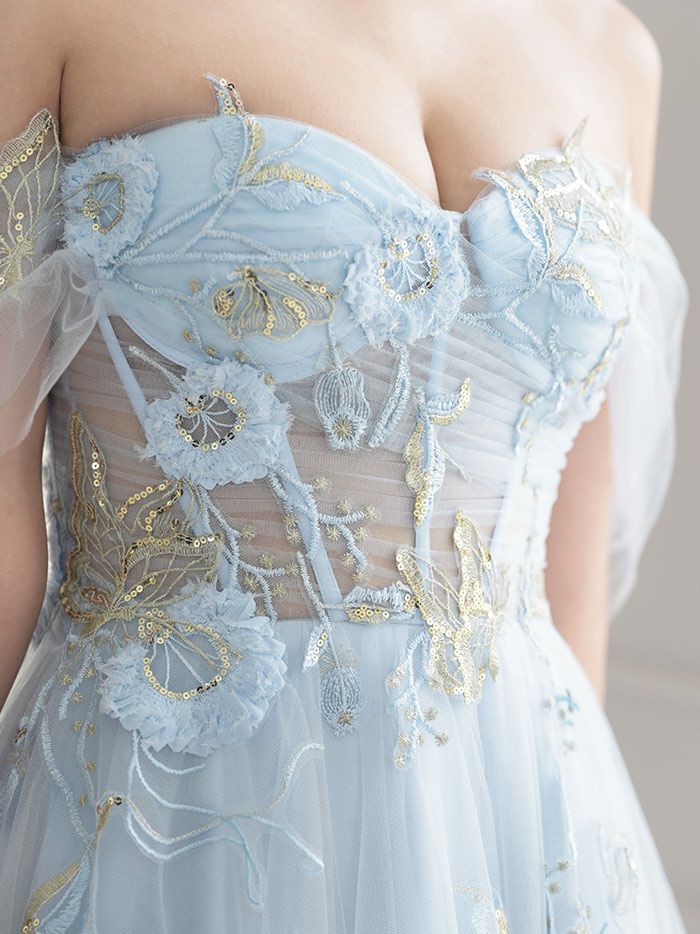 【2点セット】vanityME.couture. バニティミークチュール フラワー×バタフライ スパンコール刺繡 チュールスリーブ付き オフショル プリンセス 姫 ロングドレス バースデードレス ダスティブルー vctr-l-a1246