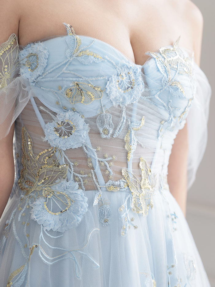 【2点セット】vanityME.couture. バニティミークチュール フラワー×バタフライ スパンコール刺繡 チュールスリーブ付き オフショル プリンセス 姫 ロングドレス バースデードレス ダスティブルー vctr-l-a1246