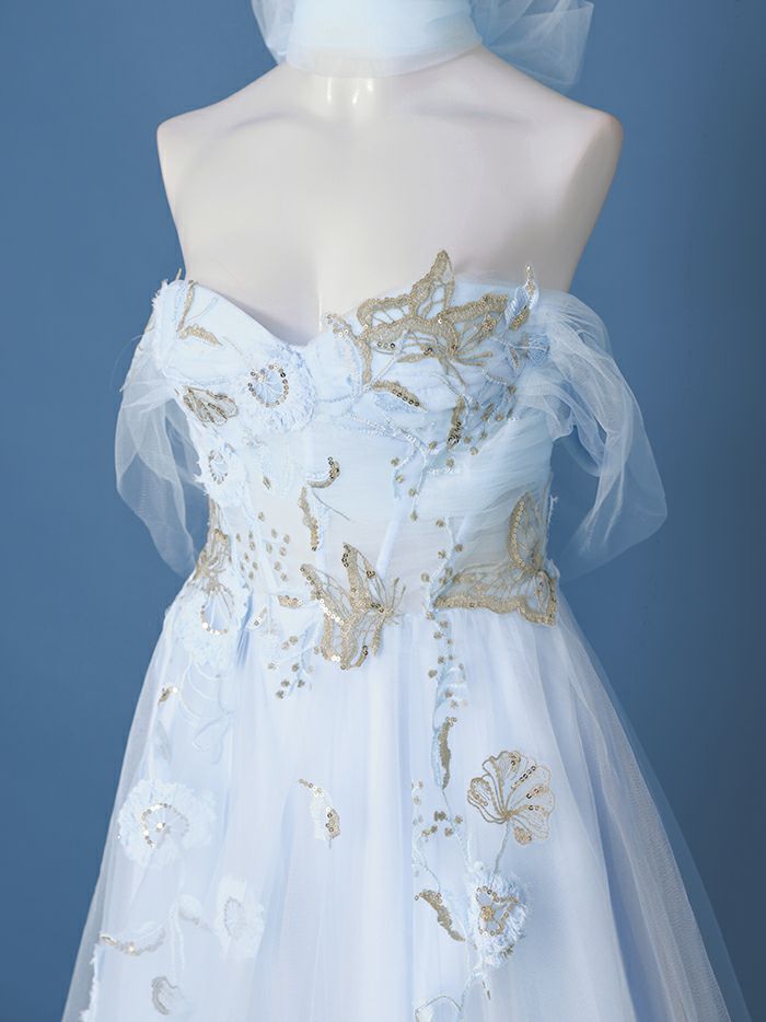 【2点セット】vanityME.couture. バニティミークチュール フラワー×バタフライ スパンコール刺&#32353; チュールスリーブ付き オフショル プリンセス 姫 ロングドレス バースデードレス ダスティブルー vctr-l-a1246