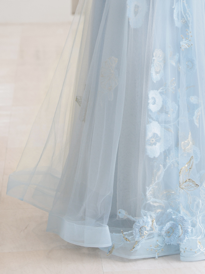 【2点セット】vanityME.couture. バニティミークチュール フラワー×バタフライ スパンコール刺繡 チュールスリーブ付き オフショル プリンセス 姫 ロングドレス バースデードレス ダスティブルー vctr-l-a1246