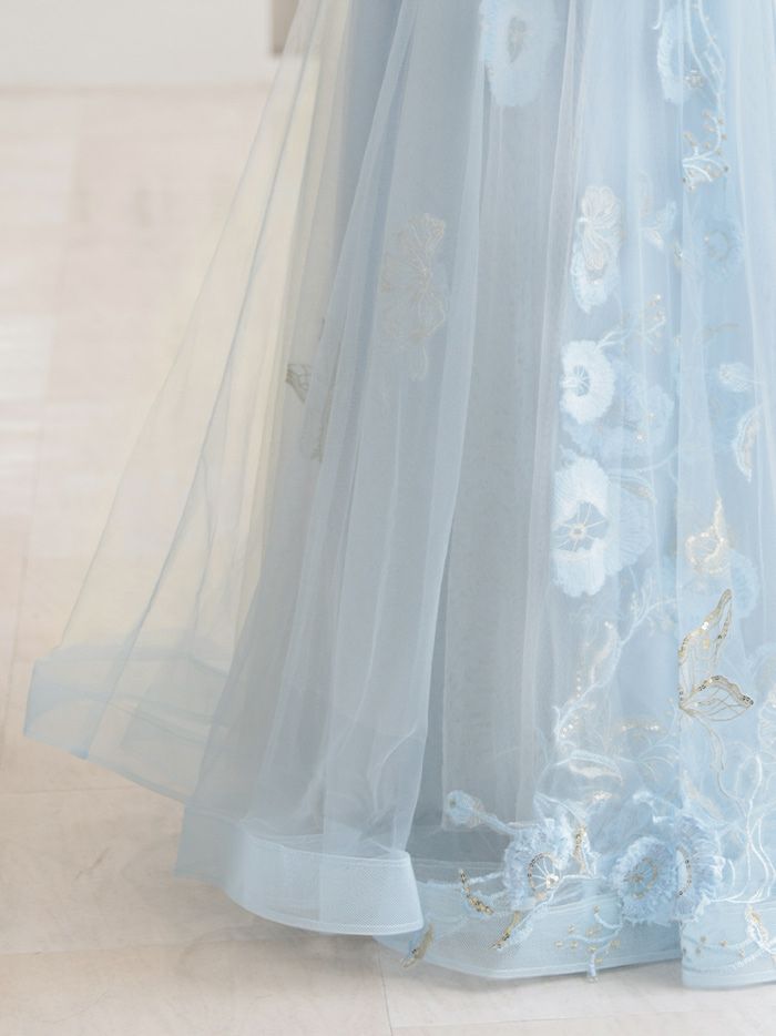 【2点セット】vanityME.couture. バニティミークチュール フラワー×バタフライ スパンコール刺繡 チュールスリーブ付き オフショル プリンセス 姫 ロングドレス バースデードレス ダスティブルー vctr-l-a1246