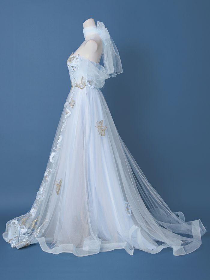 【2点セット】vanityME.couture. バニティミークチュール フラワー×バタフライ スパンコール刺繡 チュールスリーブ付き オフショル プリンセス 姫 ロングドレス バースデードレス ダスティブルー vctr-l-a1246