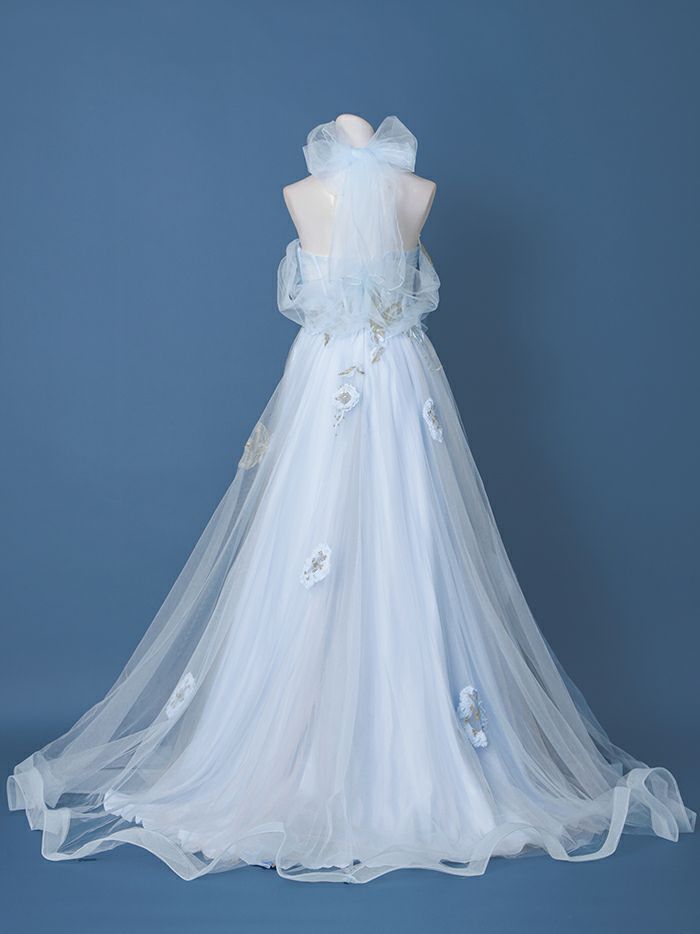 【2点セット】vanityME.couture. バニティミークチュール フラワー×バタフライ スパンコール刺繡 チュールスリーブ付き オフショル プリンセス 姫 ロングドレス バースデードレス ダスティブルー vctr-l-a1246