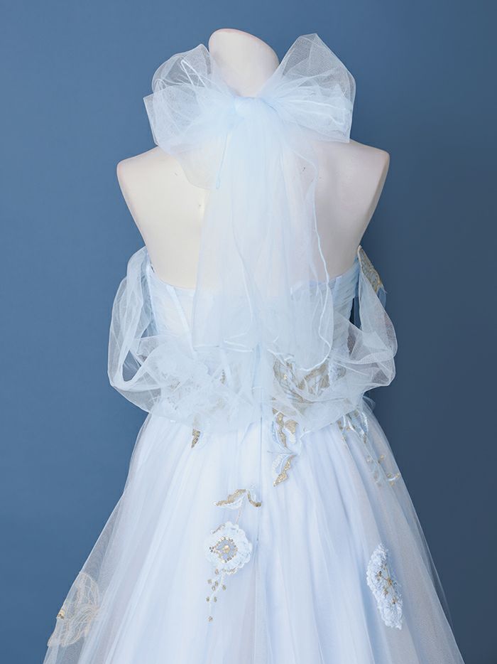 【2点セット】vanityME.couture. バニティミークチュール フラワー×バタフライ スパンコール刺繡 チュールスリーブ付き オフショル プリンセス 姫 ロングドレス バースデードレス ダスティブルー vctr-l-a1246