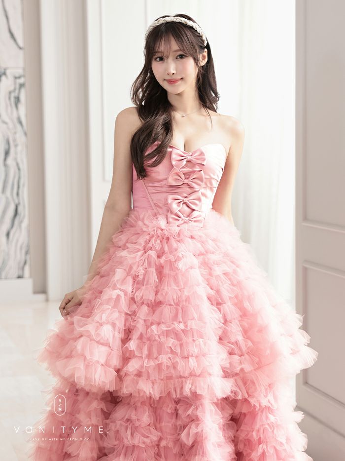 vanityME.couture. バニティミークチュール リボンモチーフ サテン 2段ボリュームフリル プリンセス 姫 ロングドレス バースデードレス ピンク vctr-t-25011-1
