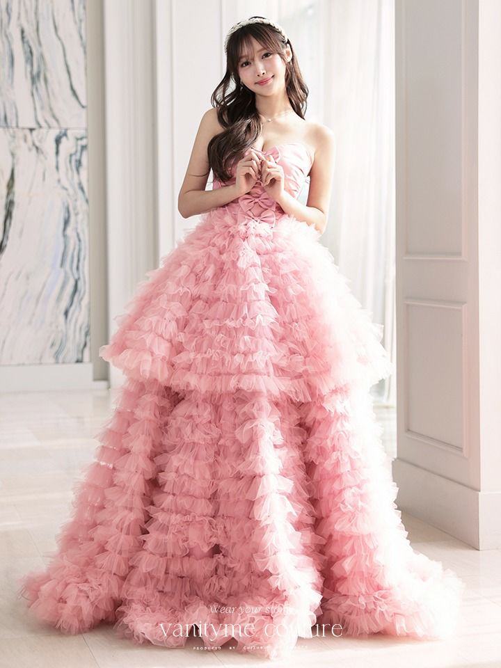vanityME.couture. バニティミークチュール リボンモチーフ サテン 2段ボリュームフリル プリンセス 姫 ロングドレス バースデードレス ピンク vctr-t-25011-1