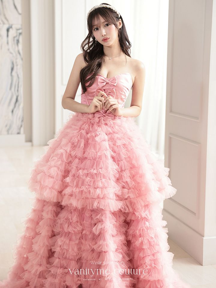 vanityME.couture. バニティミークチュール リボンモチーフ サテン 2段ボリュームフリル プリンセス 姫 ロングドレス バースデードレス ピンク vctr-t-25011-1