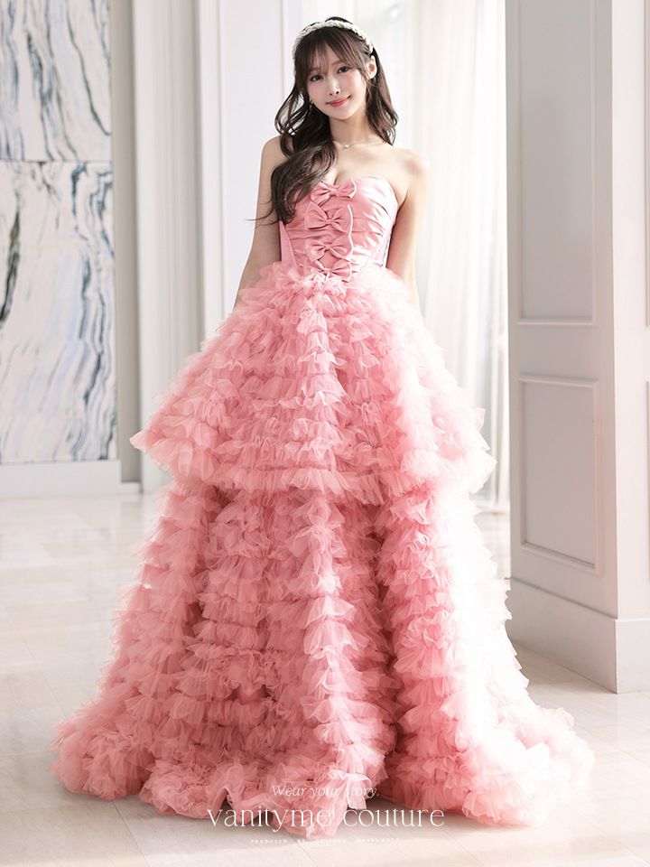vanityME.couture. バニティミークチュール リボンモチーフ サテン 2段ボリュームフリル プリンセス 姫 ロングドレス バースデードレス ピンク vctr-t-25011-1