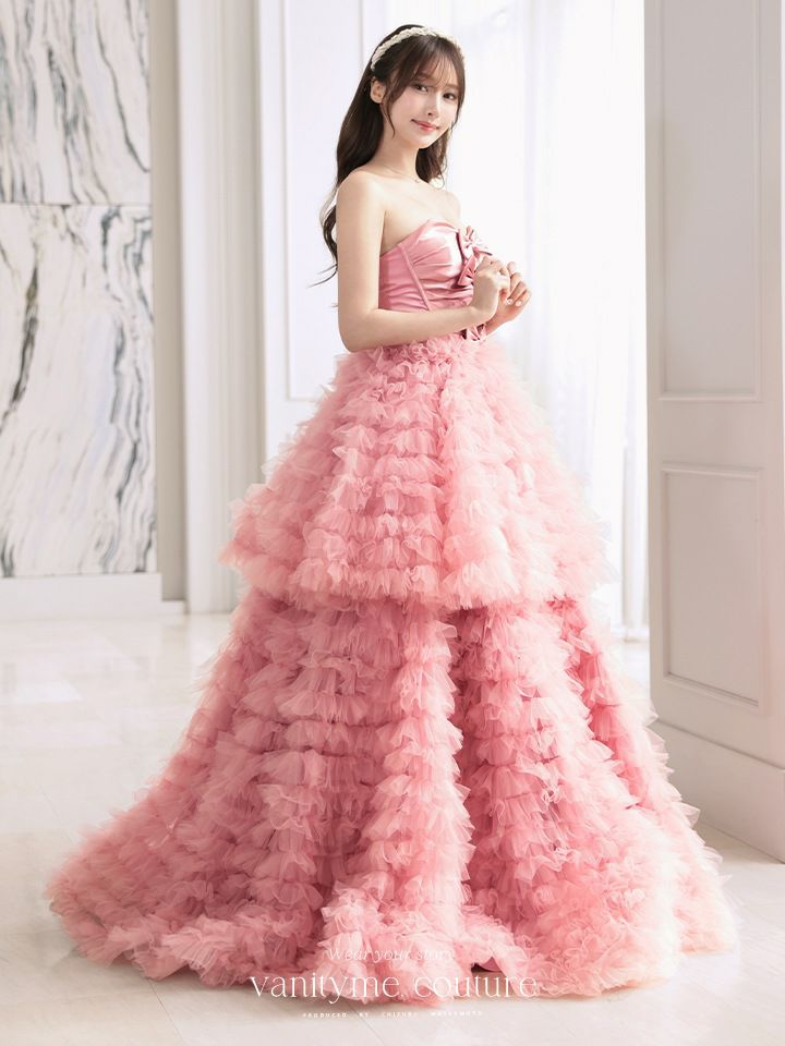 vanityME.couture. バニティミークチュール リボンモチーフ サテン 2段ボリュームフリル プリンセス 姫 ロングドレス バースデードレス ピンク vctr-t-25011-1