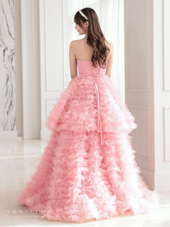 vanityME.couture. バニティミークチュール リボンモチーフ サテン 2段ボリュームフリル プリンセス 姫 ロングドレス バースデードレス ピンク vctr-t-25011-1