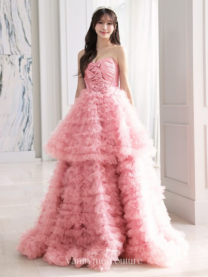 vanityME.couture. バニティミークチュール リボンモチーフ サテン 2段ボリュームフリル プリンセス 姫 ロングドレス バースデードレス ピンク vctr-t-25011-1