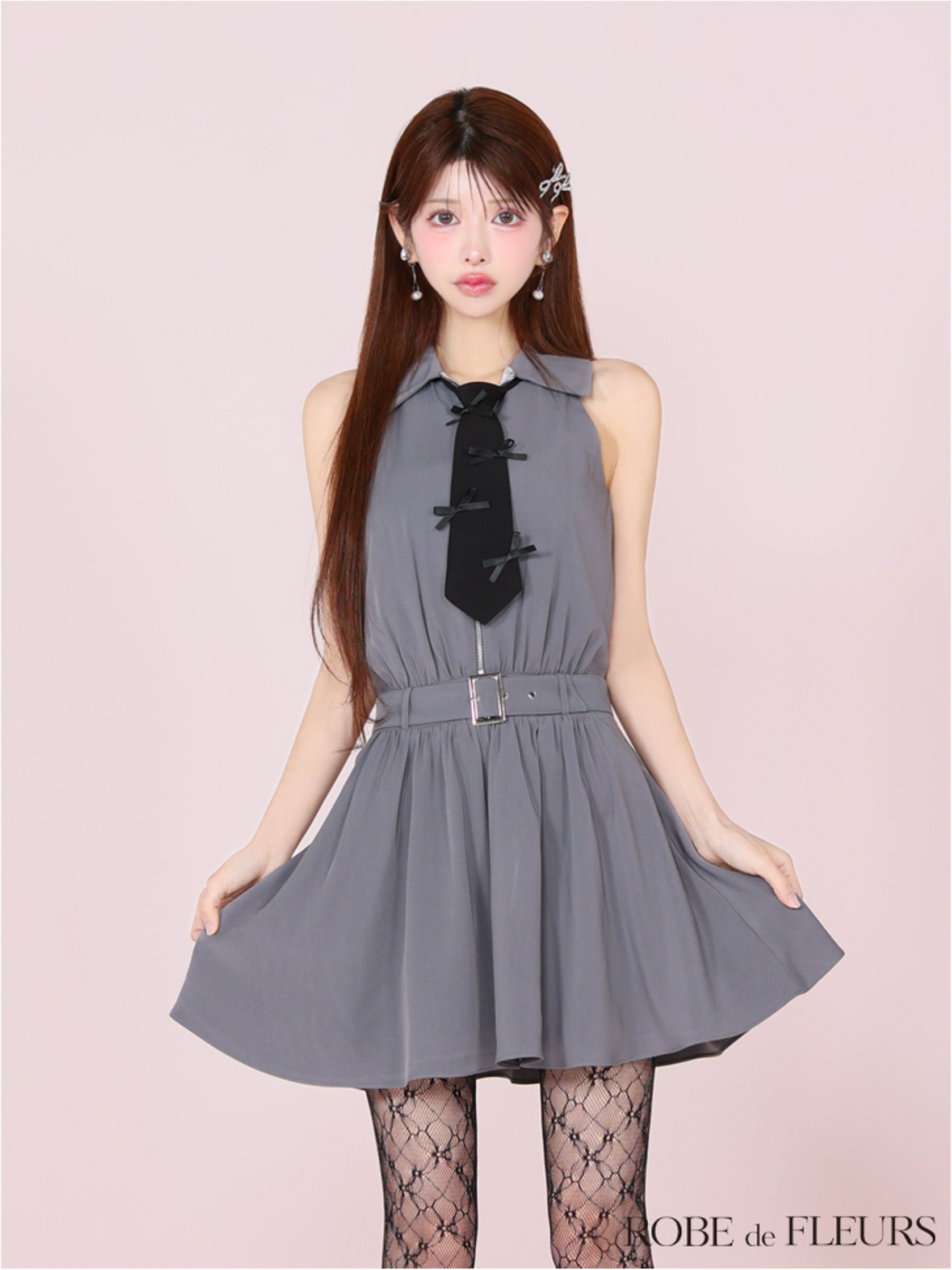 ROBE de FLEURS ローブドフルール リボンネクタイフレアミニキャバドレス fm3387-c