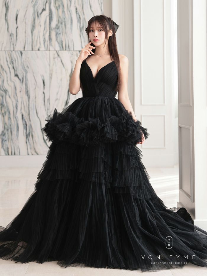 vanityME.couture. バニティミークチュール Vネック ペプラム ボリュームフリル チュール プリンセス 姫 ロングドレス バースデードレス ブラック vctr-t-25010