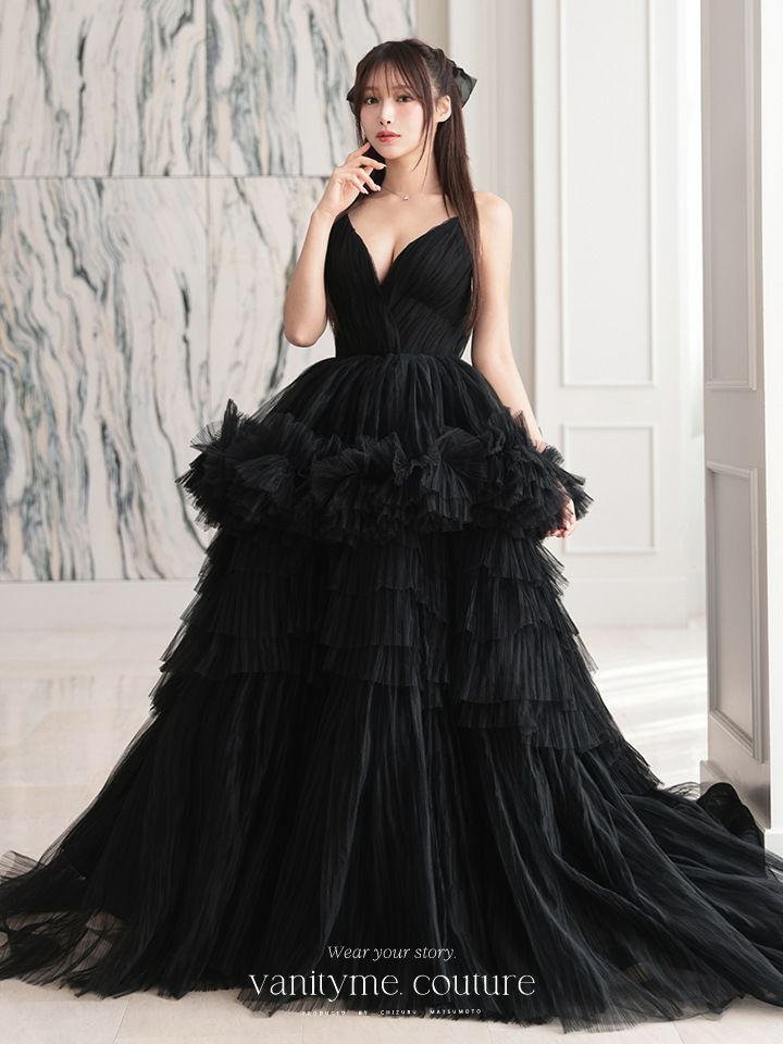 vanityME.couture. バニティミークチュール Vネック ペプラム ボリュームフリル チュール プリンセス 姫 ロングドレス バースデードレス ブラック vctr-t-25010
