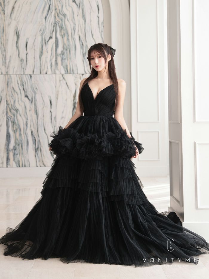 vanityME.couture. バニティミークチュール Vネック ペプラム ボリュームフリル チュール プリンセス 姫 ロングドレス バースデードレス ブラック vctr-t-25010