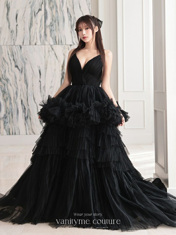 vanityME.couture. バニティミークチュール Vネック ペプラム ボリュームフリル チュール プリンセス 姫 ロングドレス バースデードレス ブラック vctr-t-25010