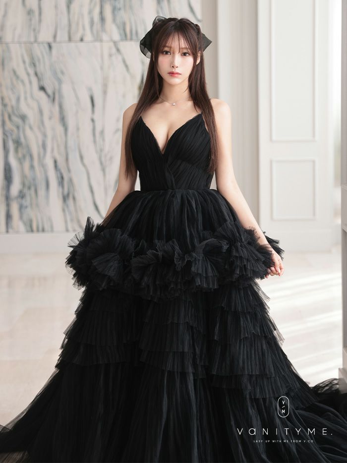 vanityME.couture. バニティミークチュール Vネック ペプラム ボリュームフリル チュール プリンセス 姫 ロングドレス バースデードレス ブラック vctr-t-25010