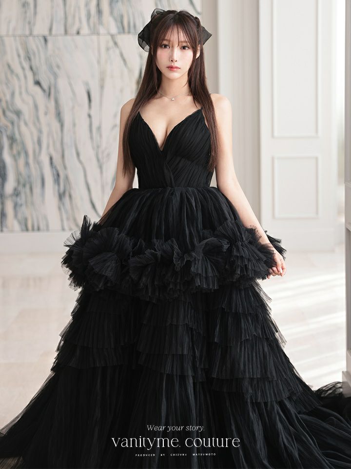 vanityME.couture. バニティミークチュール Vネック ペプラム ボリュームフリル チュール プリンセス 姫 ロングドレス バースデードレス ブラック vctr-t-25010
