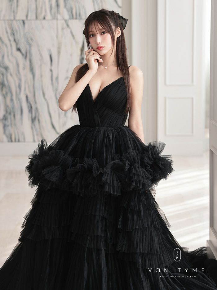 vanityME.couture. バニティミークチュール Vネック ペプラム ボリュームフリル チュール プリンセス 姫 ロングドレス バースデードレス ブラック vctr-t-25010